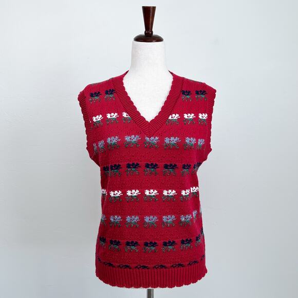 Vintage Red Floral Knit V-Neck Sweater Vest - Picture 1 of 7